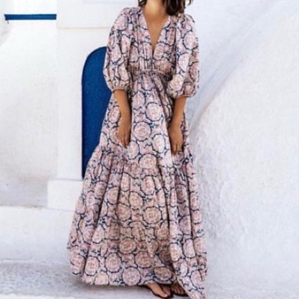 NWT Mango x Chufy Soller Boho Maxi Tiered Dress Puff Sleeve Tassel Blue Red 4 - Picture 16 of 16